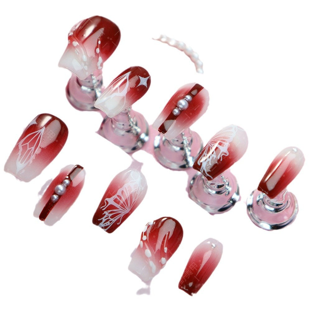 Hot Selling Wear Armor European and American Style Blooming Gradient Wine Red White Wedding Dress Bride Nail Pile of Beads Butterfly Detachable