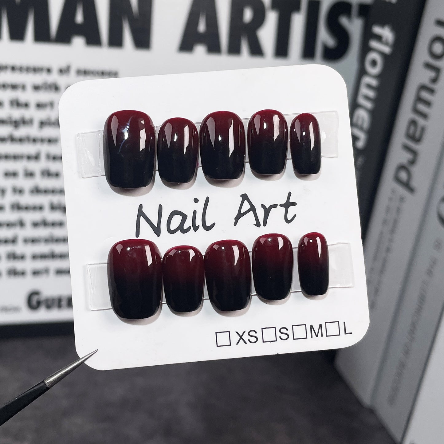 Handmade Wear Nail Cherry Red and Black Spray Gun Gradient Simple and Short Nail Stickers Wearable Nail Sticker