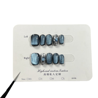 Blue Elf Crystal Cat's Eye Wear Nail Short Nail Stickers Handmade Wear Nail Wholesale Cross-Border European and American Style Manicure