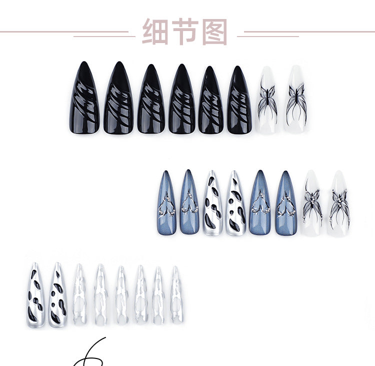 3D Three-Dimensional Water Ripple Wear Nail Cool Super Long Pointed Nail Piece Europe and America Cross Border Butterfly Hot Silver Fake Nails