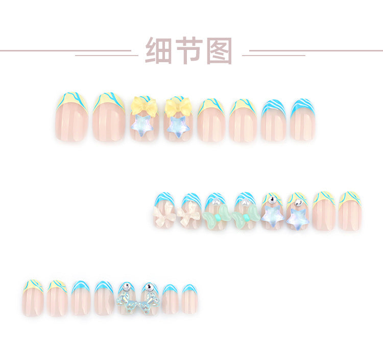 French Blue and White Stripes Nail Shaped Piece Cartoon Three-Dimensional XINGX Bow Manicure Fake Nails Cross-Border Hot Selling Wear Nail