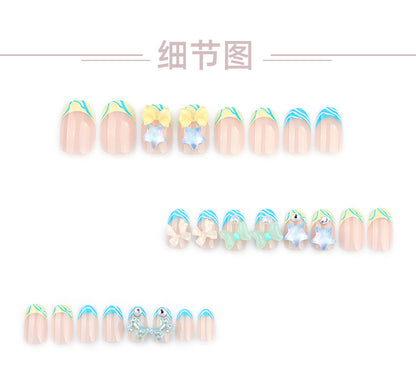 French Blue and White Stripes Nail Shaped Piece Cartoon Three-Dimensional XINGX Bow Manicure Fake Nails Cross-Border Hot Selling Wear Nail