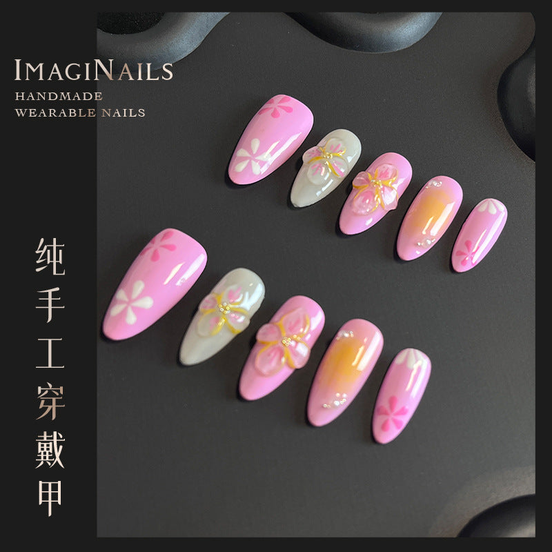 Hot Selling in Europe and America3D Three-Dimensional Carved Almond Nail Pure Hand-Worn Nail Piece