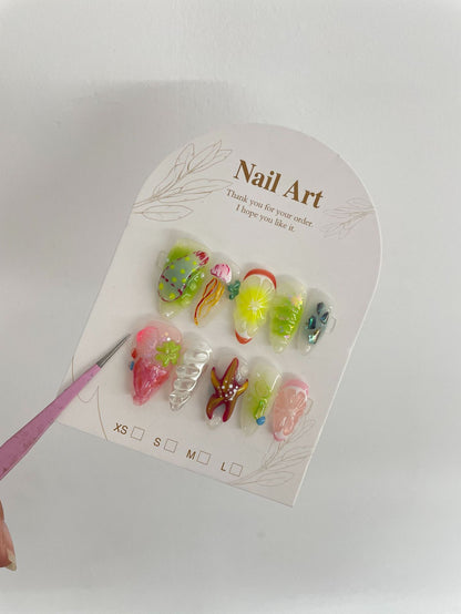 Cross-Border European and American Hand-Painted Happy Underwater World Hot Selling Hot Models Pinch White High-Grade Long Manicure