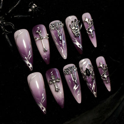 Halloween Cool Wear Nail French Flame Cross Manicure Purple Smudges Spider Nail Tip Finished Product Wholesale