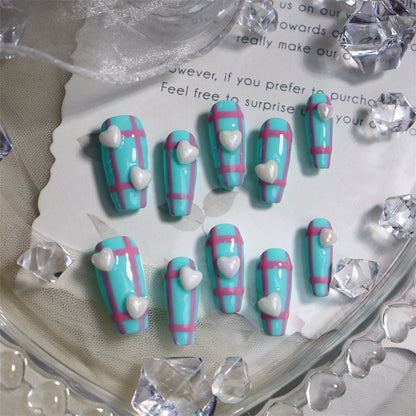 Preppy Style Girl's Mid-Length Ladder Hand-Worn Nail Mint Blue Plaid Lovely Nail Patch Handmade in Stock