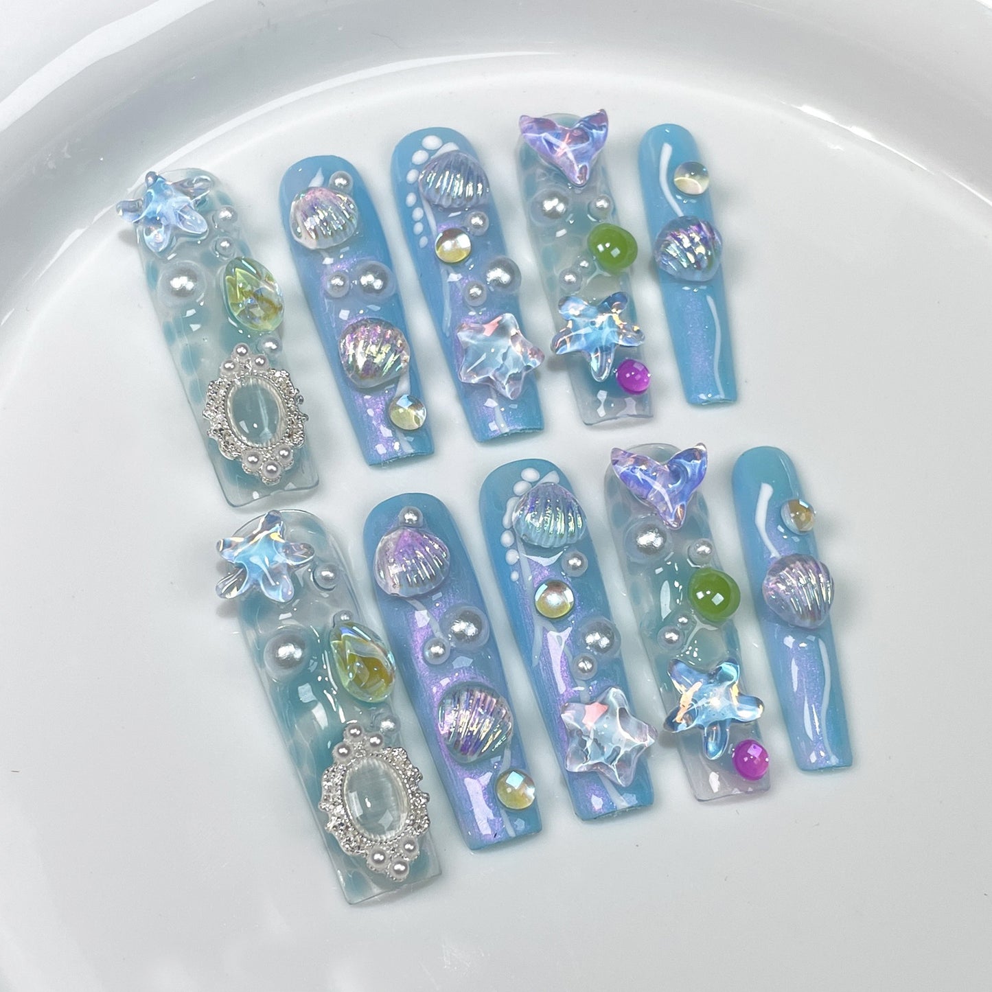 European and American Water Pipe Aurora Nail Blue Fantasy Ocean Cute Fresh Long Handmade Wear Nail Finished Product Fake Nails