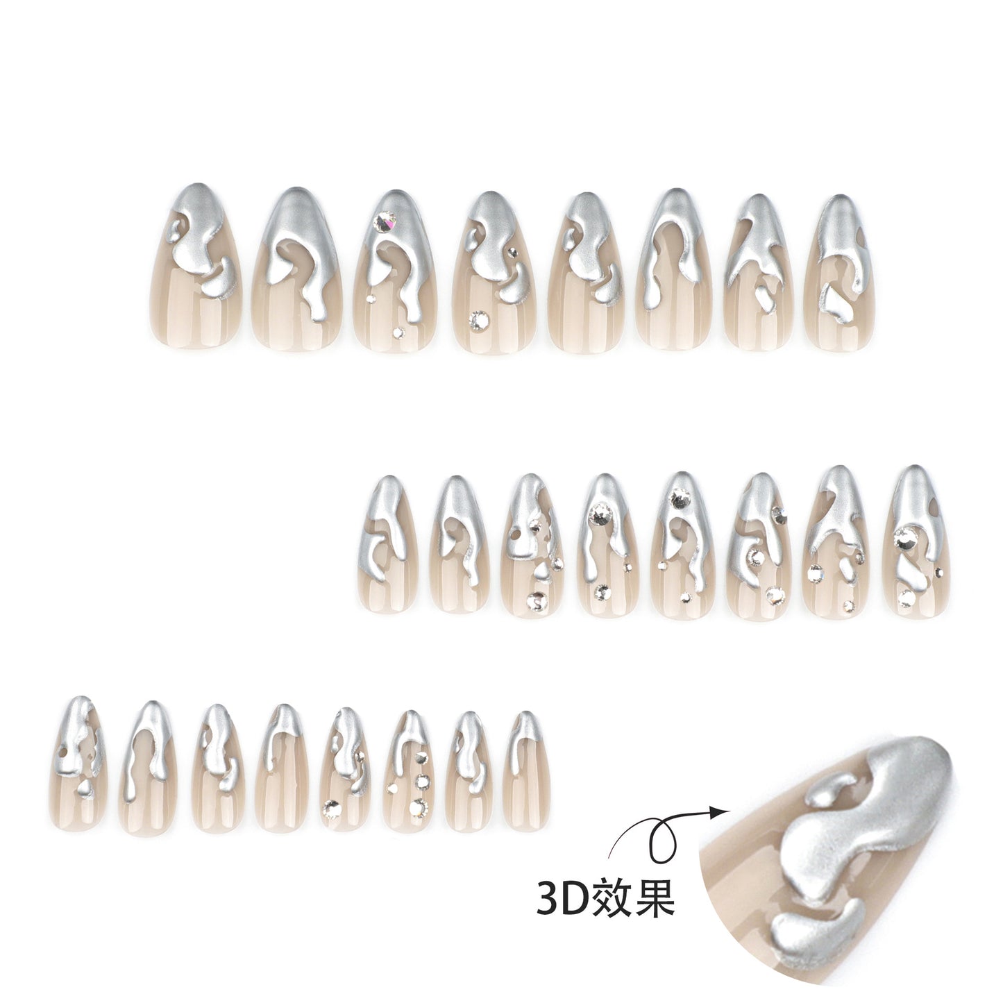 French3D Silver Paste Wear a Nail Piece Short Almond fake nails Spot Drill Fake Nails Nail Sticker Wholesale