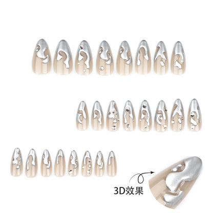 French3D Silver Paste Wear a Nail Piece Short Almond fake nails Spot Drill Fake Nails Nail Sticker Wholesale