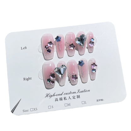 Spray Gun Blush Hand-Worn Nail Stars Heart Light Diamond Mid-Length Nail Stickers Wearable Nail Sticker Finished Product