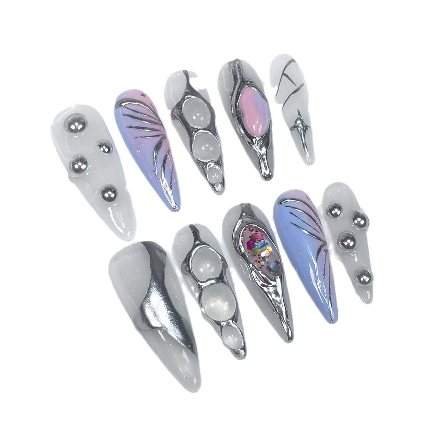 Hand-Worn Nail Two-Tone Gradient Ice Transparent Irregular Metal Relief European and American Long Pointed Nail Art Wearable Fake Nails