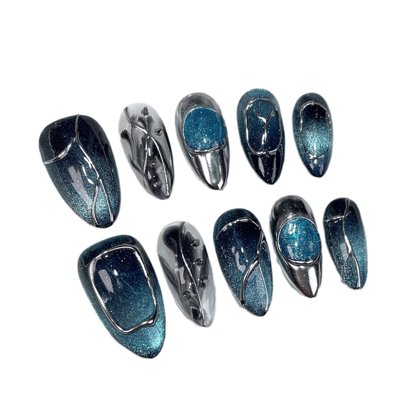 Handmade Wear Nail Hot Girl Cat Eye Nail Art Smudges Metallic Personality Fake Nails Cross-Border European and American Almond Nail