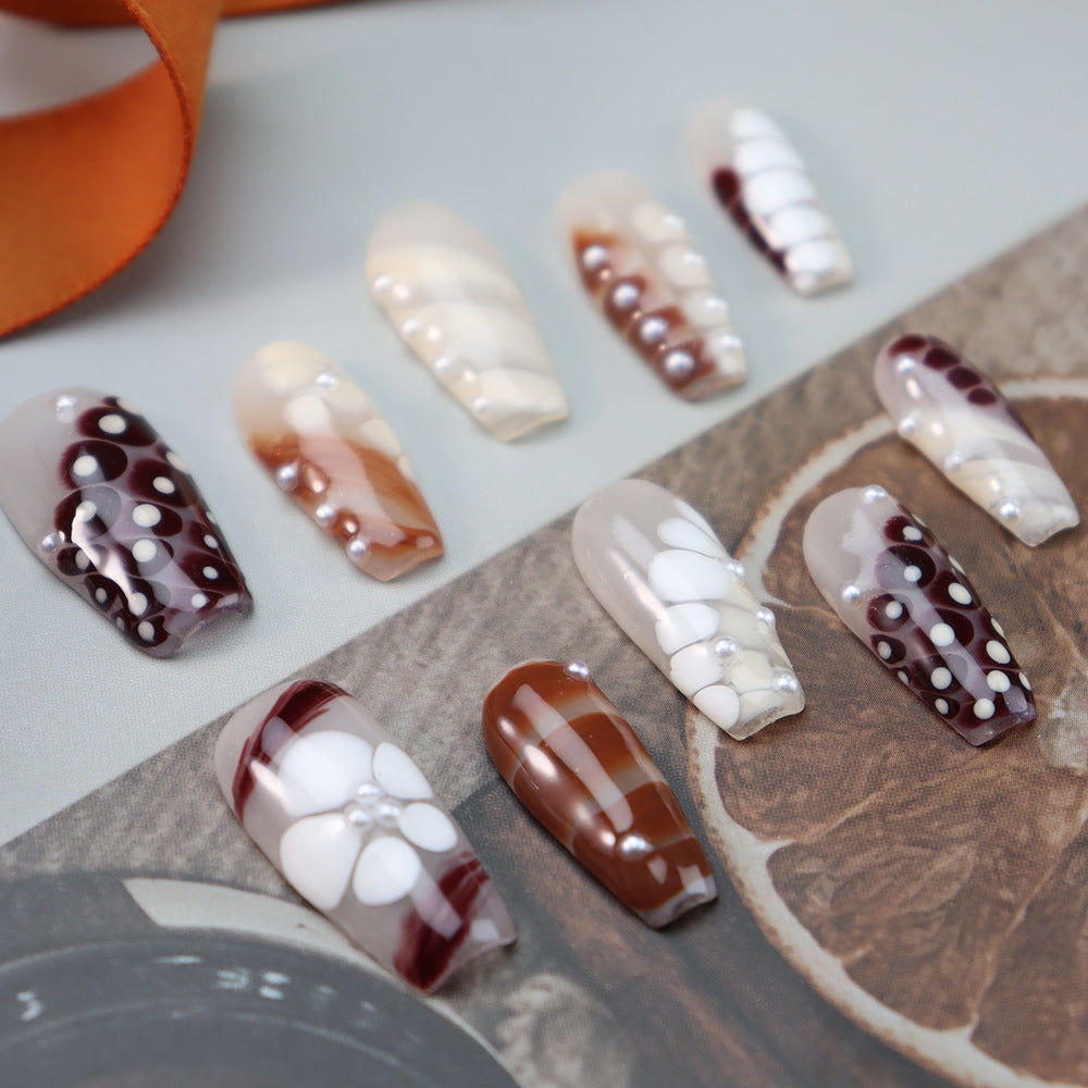 New Hand-Painted Wearing Animal Texture ins Wind Autumn and Winter Mini Pearl White Temperament Detachable Finished Nail