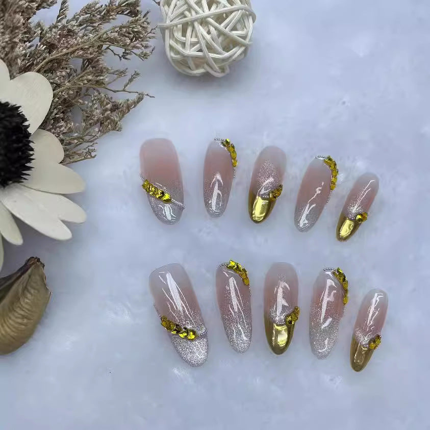 Handmade Wear Nail New Summer Golden Wheat Blush Gradient Cat Eye Temperament White Lady Internet Hot