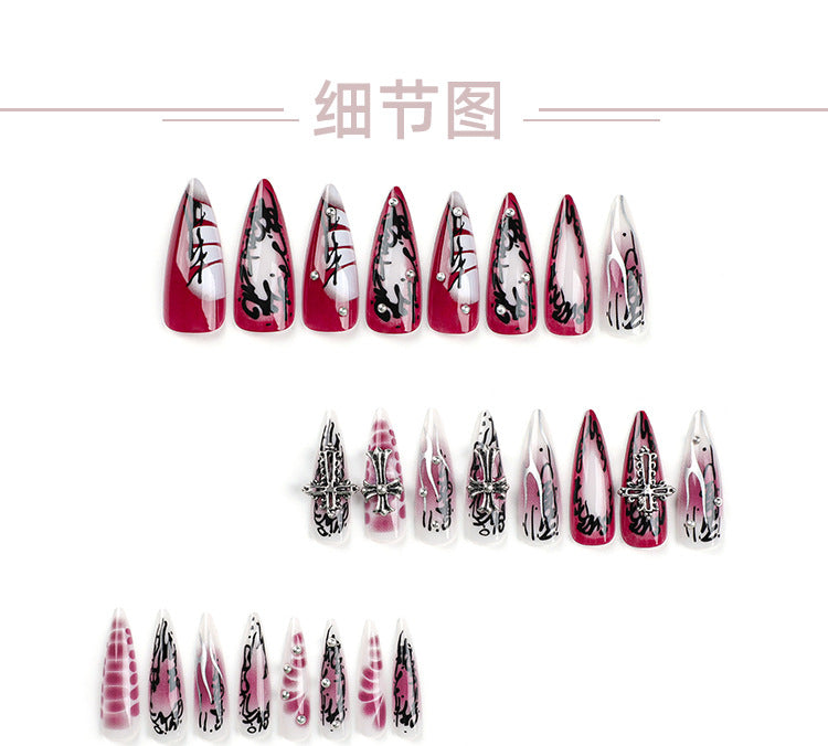 European and American Hot Girls Wear Nail Polish Piece Dark Cross Nail Art Nail Shaped Piece Hot Silver Blooming Fake Nails Nail Shaped Piece