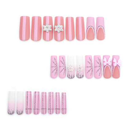 Super Long Water Pipe Nail Fake Nails Pink Sweet Tridimensional Bow Christmas Wear Nail French Snowflake Nail Tip