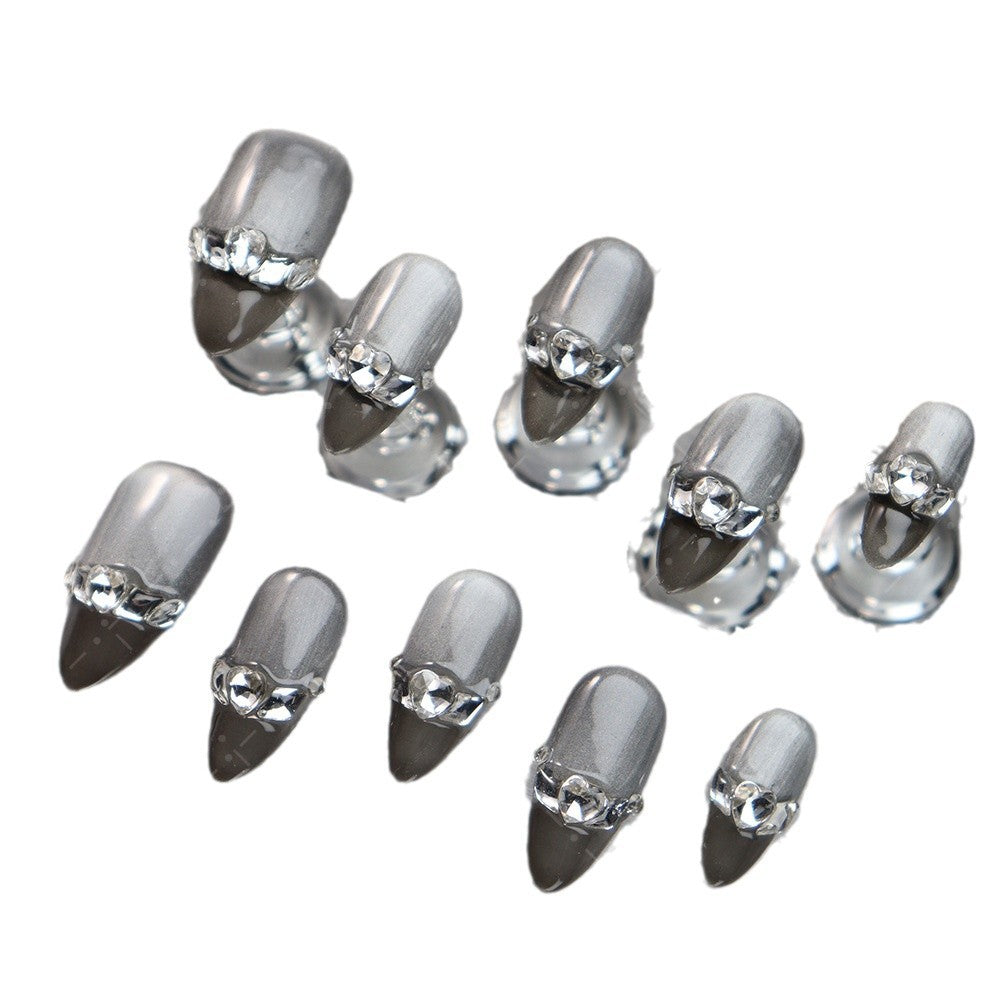 Manufacturer Nail Stickers European and American Style Handmade Silver Gray French Cat Eye Love Stereo Rhinestone High-Grade Atmosphere Wear Armor