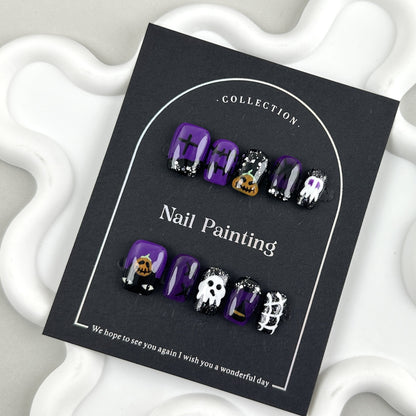 Purple Halloween Cute Ghost Wear Nail Tip High Sense Nail Stickers Cross-Border Factory Straight Hair Short Nail