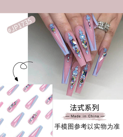 Hot Girl Wear Nail Nude Pink Long Ballet Blue Rhinestone Wear Nail Piece Nail Tips Wholesale false nail