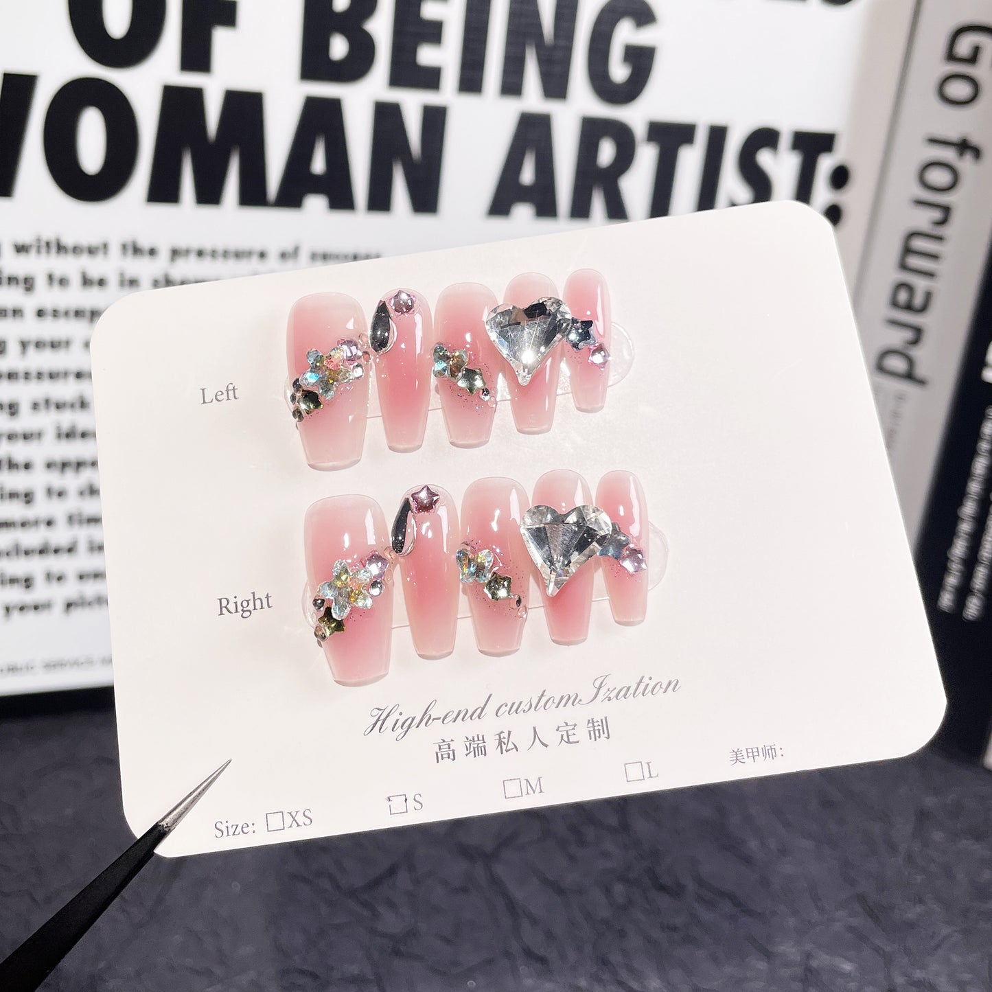 Crooked Heart Pile Rhinestone Hand-Worn Nail Spray Gun Blush Gradient Mid-Length Nail Stickers Wearable Nail Sticker