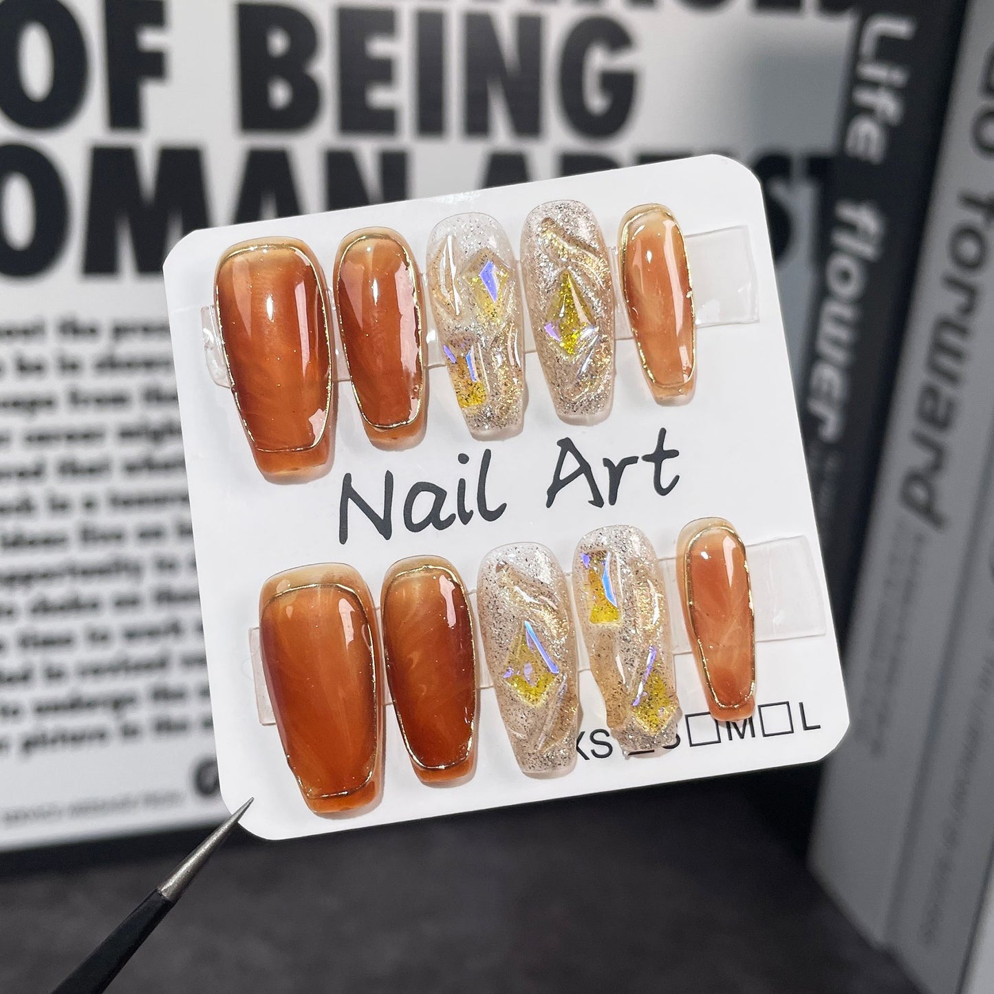 Maillard Color Handmade Wear Armor Autumn and Winter New Irregular Hook Amber Blooming Mid-Length Nail Stickers