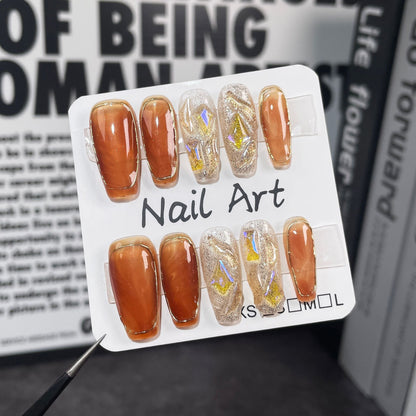 Maillard Color Handmade Wear Armor Autumn and Winter New Irregular Hook Amber Blooming Mid-Length Nail Stickers