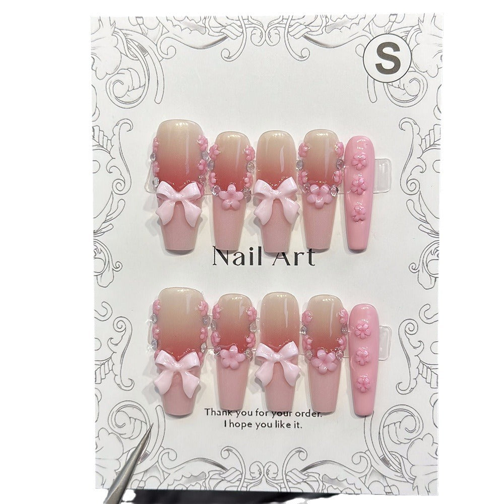 Cross-Border Hot Selling European and American Coffin Nail Handmade Wear Nail Bow Jewelry Nail Stickers Finished Cute Nails