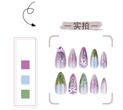 Fresh ins Sweet Wear Armor Monet Wearable Nail Tip Fake Nails Three-Dimensional Bow Pearl Nail Sticker