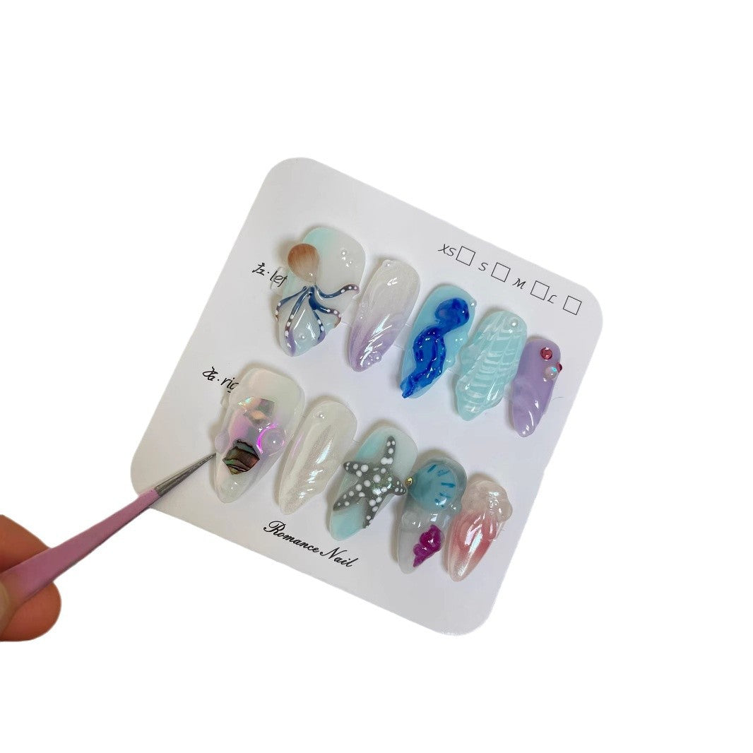 Cross-Border European and American Hot Hot-Selling Hand-Painted Happy Underwater World Hot-Selling Hot-Selling Pinch White High-Grade Long Manicure