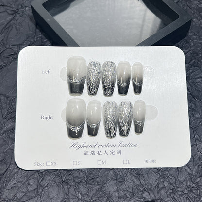 Handmade Wear Nail Sweet Cool Black Gradient Magic Mirror Effect Powder High Cold Light Luxury Nail Stickers European and American Style Fake Nails Wholesale