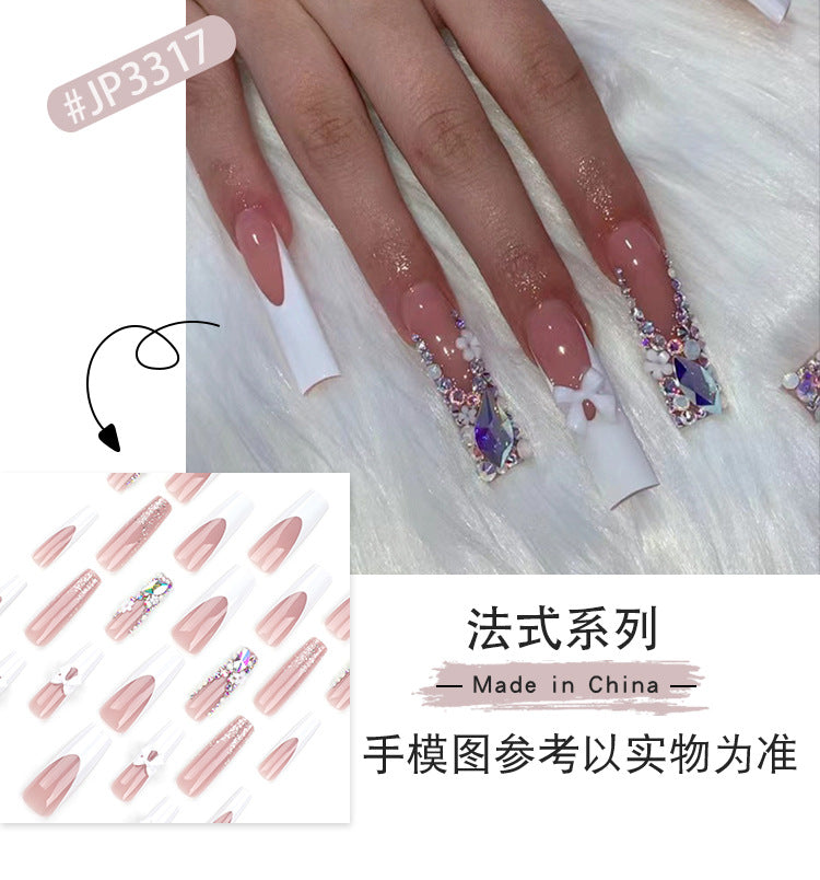 Rhinestone Flash Wear Nail Piece Wholesale Cross-Border French White Nail Bow Flower Rectangular Fake Nails