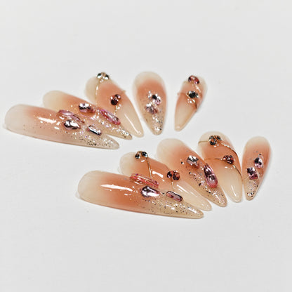 Handmade Wear Nail Art Ice Transparent Star Powder Advanced Gold Pink Sea Castle Nail Patch Fake Nails Wholesale