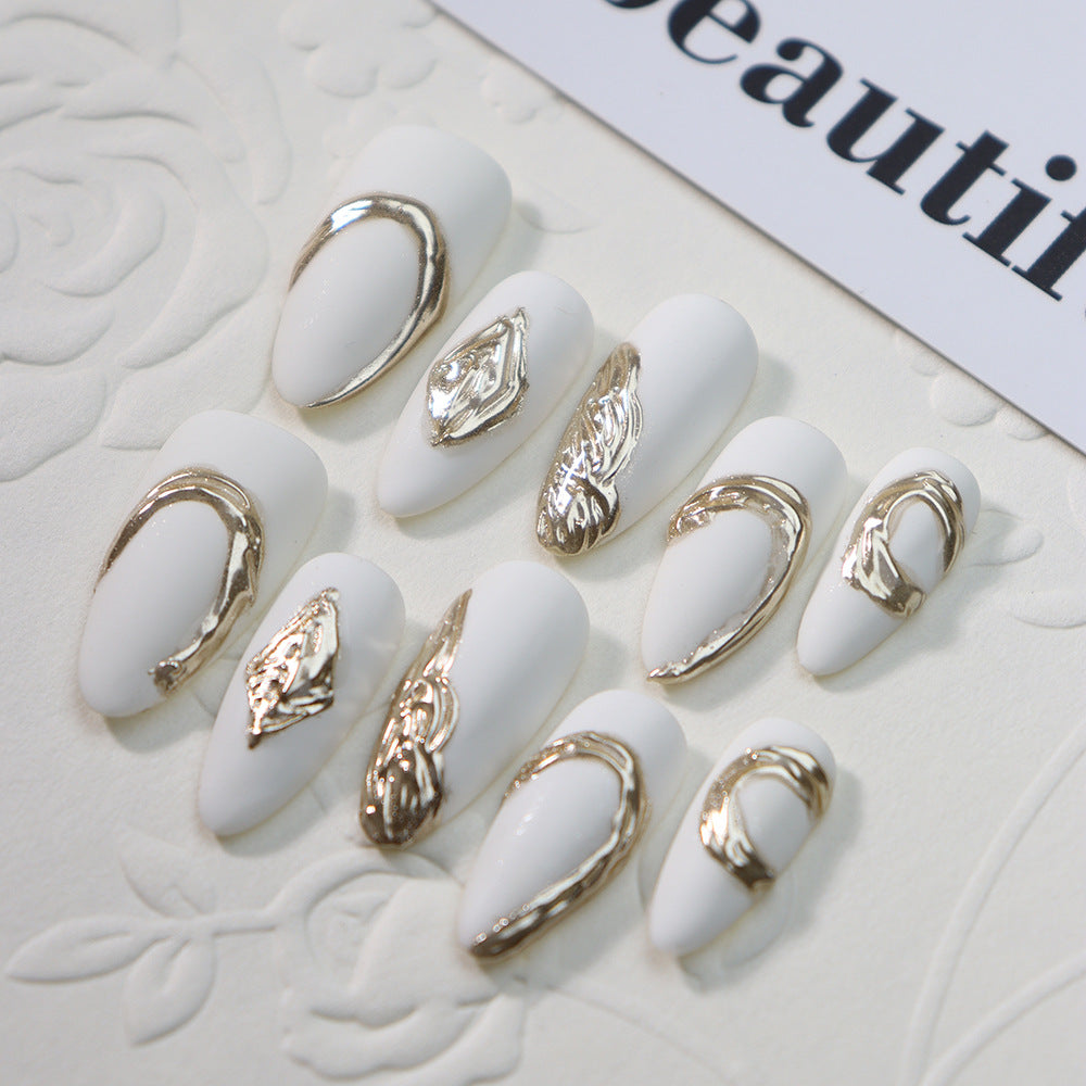 White Queen Metal Gold Plated and Branded Almond Nail Handmade Wear Nail Matte Texture White Nail Stickers European and American Style