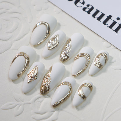 White Queen Metal Gold Plated and Branded Almond Nail Handmade Wear Nail Matte Texture White Nail Stickers European and American Style