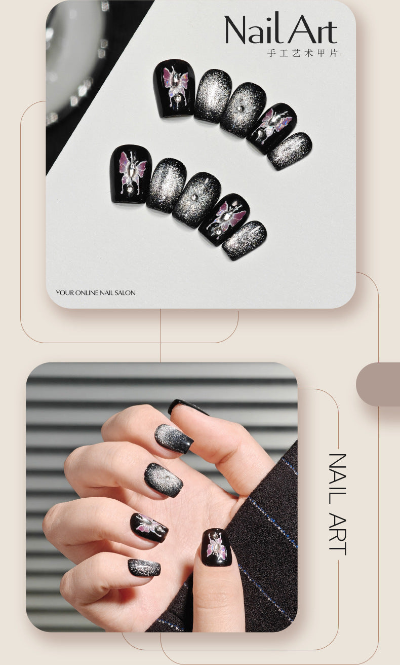 Handmade Wear Armor High-Grade Cat Eye Hand-Made Short Butterfly Nail Stickers Fake Nails Ten Finger Nail Tip Batch of Goods