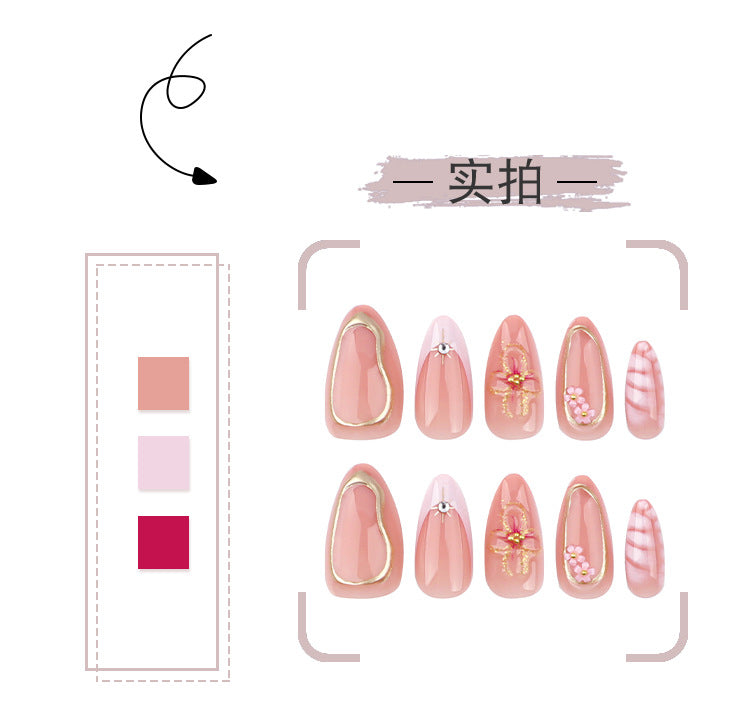 New Style Pink French Crocodile Pattern Nail Art Detachable Nail Tip Glitter Three-Dimensional Flower Fake Nails Bronzing Wear Nail