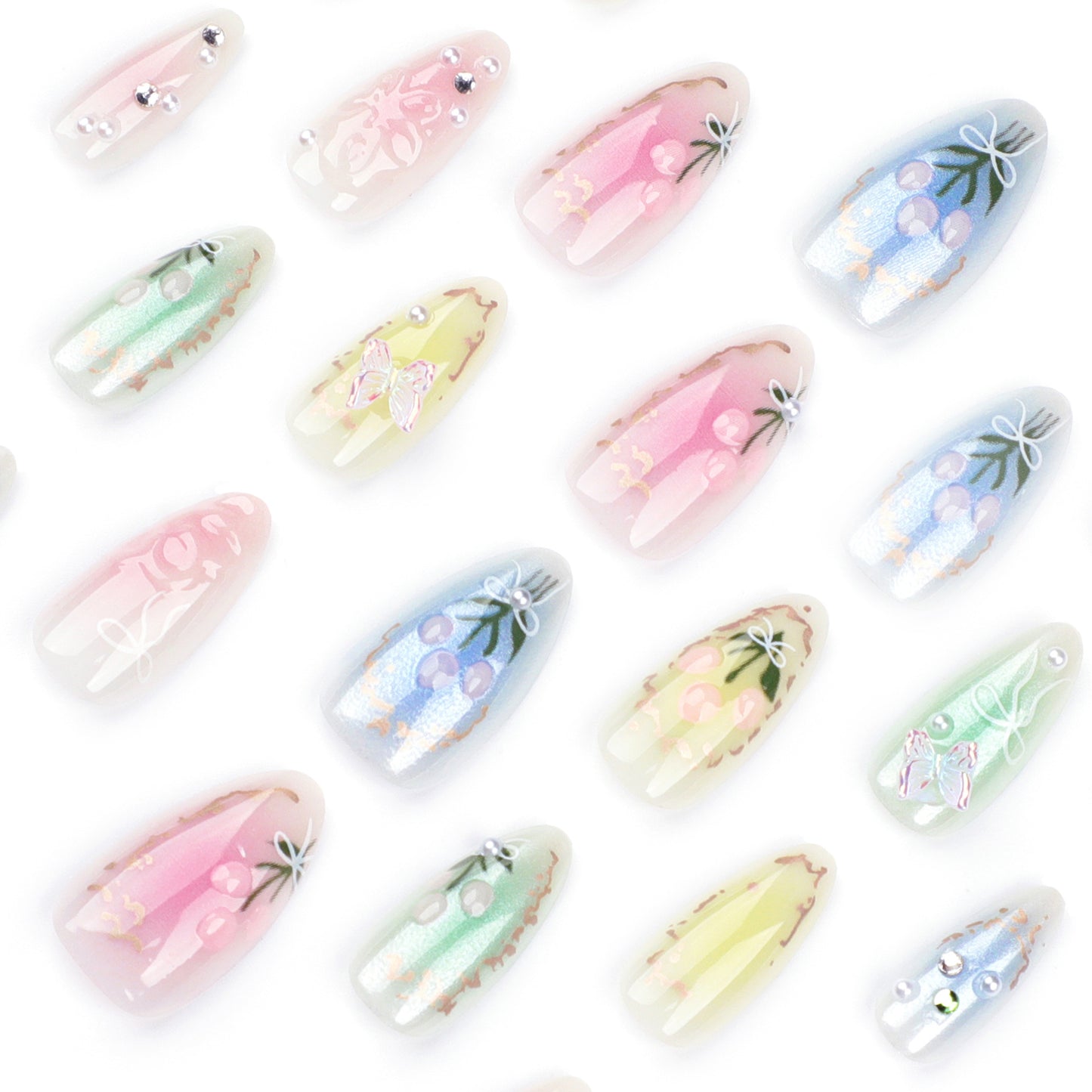 Summer Little Fresh Flower Wear Manicure Butterfly Blooming Fake Nails Short Almond Type Nail Tip Wear Nail Wholesale