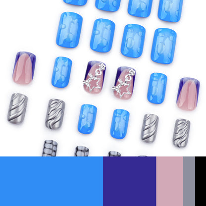 Ocean Blue Blooming Wear Armor Pearl Powder3D Water Ripple Nail Art Fake Nails Star Chain Design Wearable Nail Tip