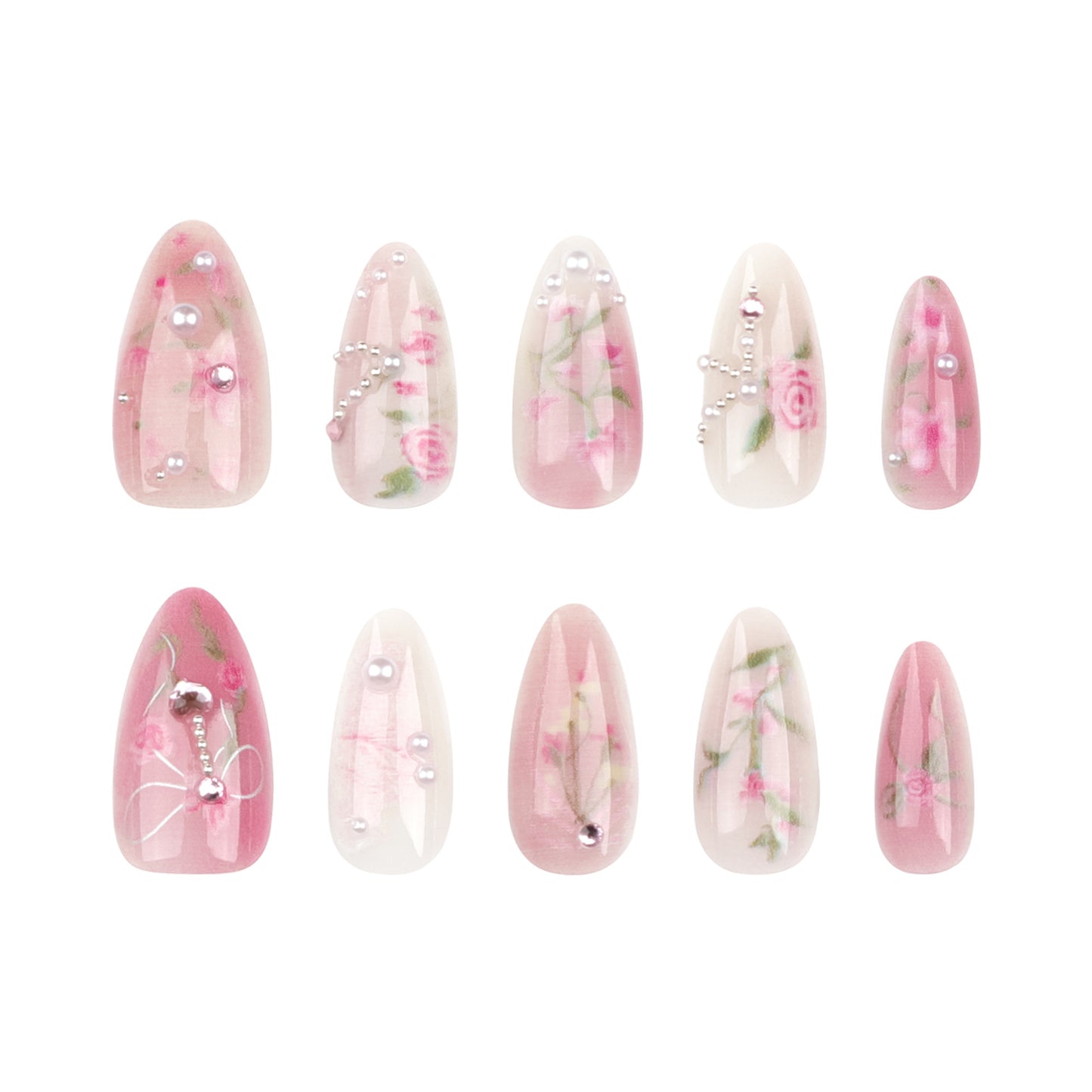 Summer New Monet Manicure Sweet Pink Blooming Rose Wear Nail Polish Short Almond Fake Nails