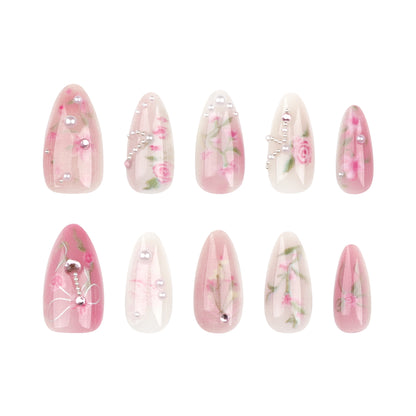 Summer New Monet Manicure Sweet Pink Blooming Rose Wear Nail Polish Short Almond Fake Nails