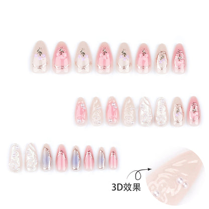 Spot Drill Aurora Butterfly Wear Nail Fresh Blush Blooming Nail Tips Pearl Bow Fake Nails Wholesale