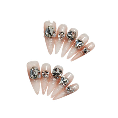 Handmade Wear Armor High-Grade Cat Eye Rhinestone Pearl Brandy Handmade Nail Stickers Fake Nail Tip Wholesale