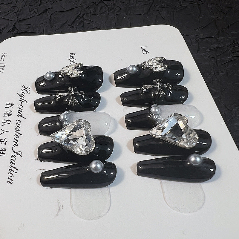 Handmade Wear Nail Crock Heart Crooked Heart Light Diamond Dark European and American Style Nail Stickers Detachable Fake Nails