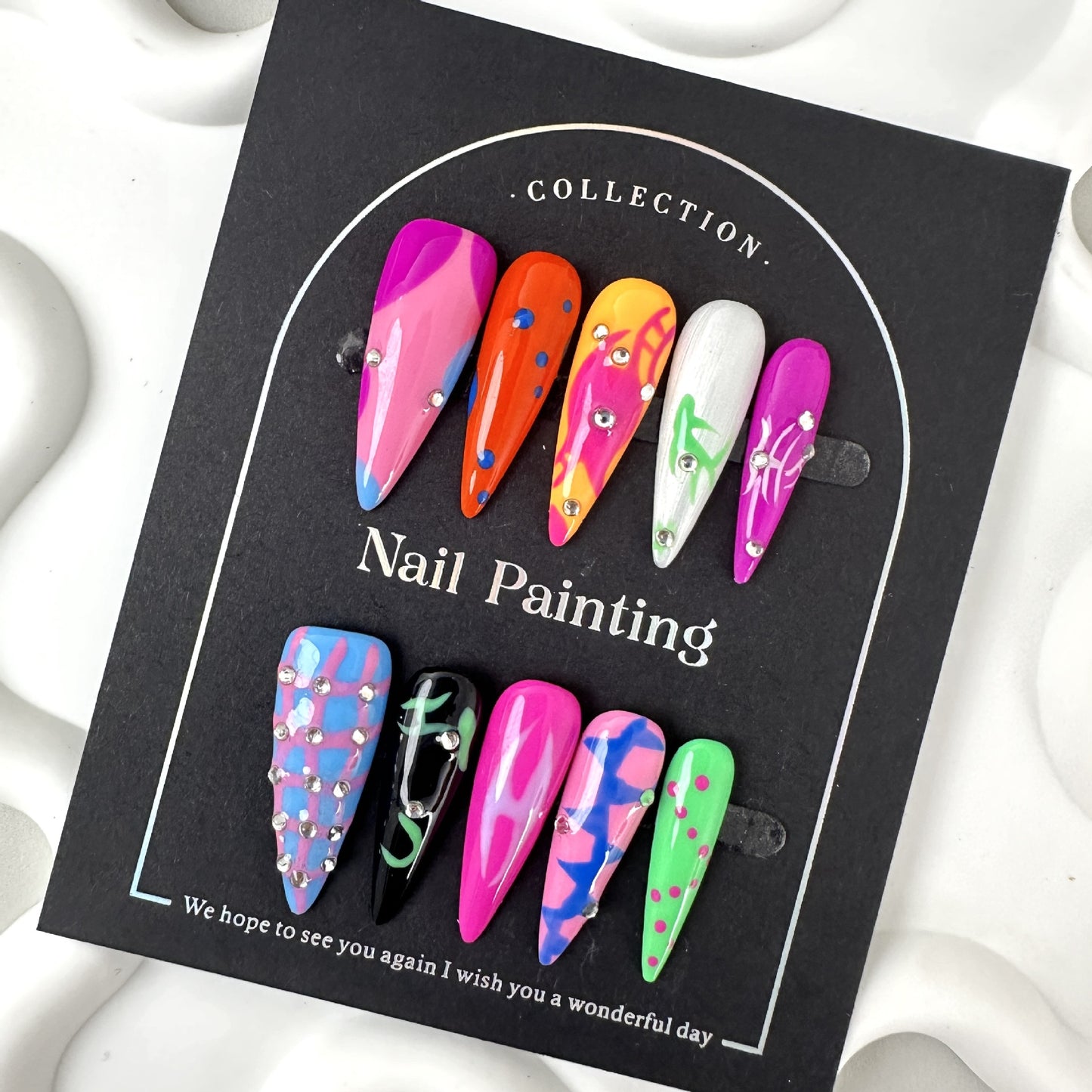 Pure Hand Drawing Flame Handmade Wear Nail Tip High-Grade Summer Contrast Color Long Pointed Cross-Border Handmade Nail Stickers