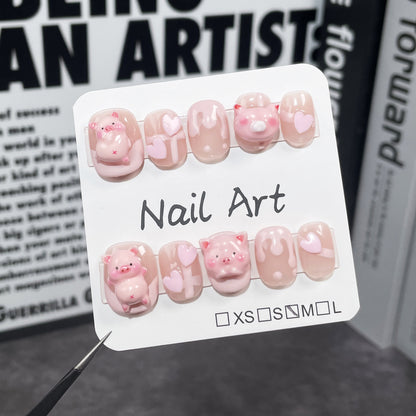 Handmade Wear Nail Sweet Cute Pig Short Manicure Hand-Painted French Wearable Nail Sticker Yiwu Manicure