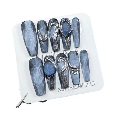 Light Luxury Heavy Industry Manual Wear Nail Watercolor Blooming Advanced Long Nail Stickers Metal Three-Dimensional Modeling Fake Nails