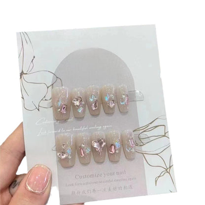 Handmade Wear Nail Manicure Fake Nails Gentle Girl Heart Aurora Full Diamond Pink Love Mid-Length Nail Tip Detachable