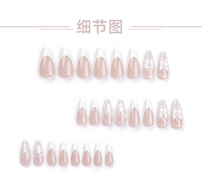 3D Bow Wear Nail White French Manicure Internet Celebrity Xiaohongshu Pure Desire Asterism Wear Nail Tip Finished Product Wholesale