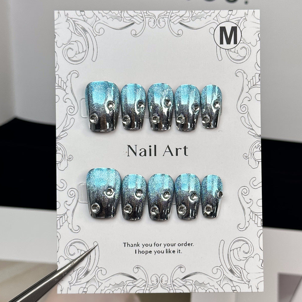 Europe and America Cross Border Popular Mirror Blue Sparkling Water Gradient Finished Product Nail Stickers Handmade Advanced Removable Nail Tip