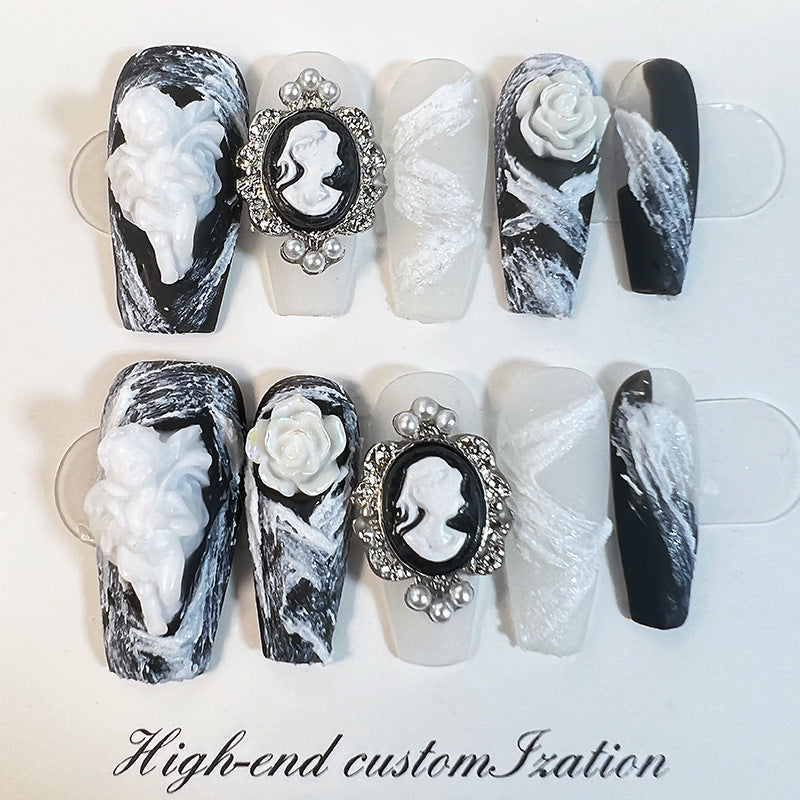 Handmade Wear Nail Baroque Angel Camellia Nail Stickers Mid-Length Dark European and American Style Manicure Wholesale